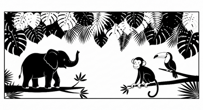 Kids-Mundo flat artwork of elephant, monkey and toucan silhouettes beneath leaves for a wall mural.