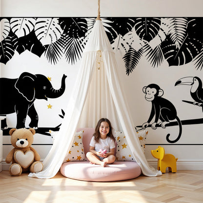 Kids-Mundo black and white jungle silhouette wall mural printed made to measure in a nursery.