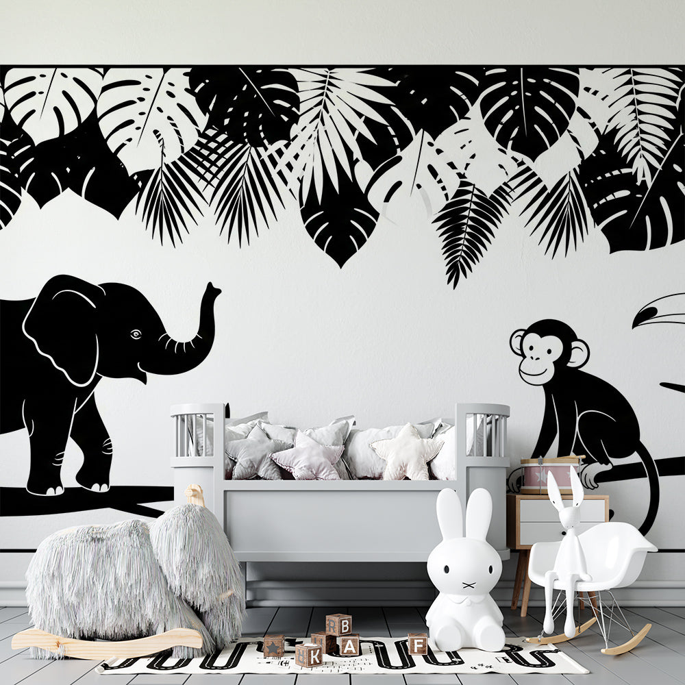 Kids-Mundo monochrome jungle silhouette mural with toucan in a playroom setting.