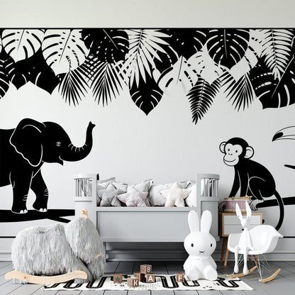 Kids-Mundo monochrome jungle silhouette mural with toucan in a playroom setting.