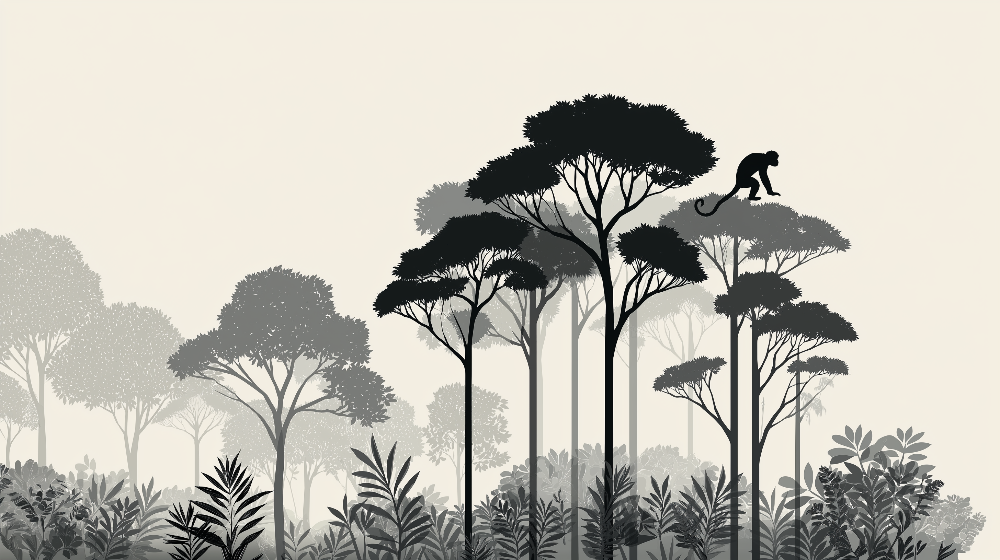 Kids-Mundo flat artwork of a monkey silhouette crossing a misty forest canopy mural