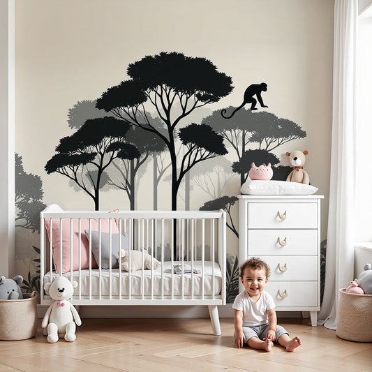 Kids-Mundo monkey silhouette forest wall mural made to measure for a baby nursery