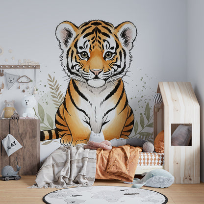 Kids-Mundo sitting tiger cub mural adding a calm, artistic touch to a kids bedroom wall
