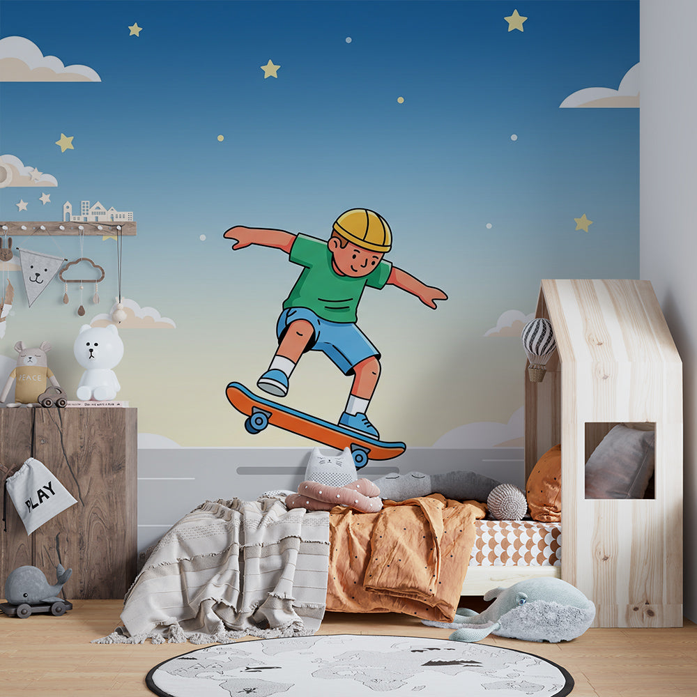 Kids-Mundo skateboard mural on a feature wall in an energetic, bright kids bedroom