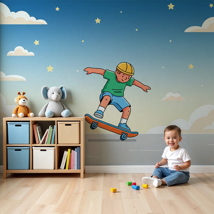 Kids-Mundo skateboarding boy wall mural above a cot in a starry blue nursery