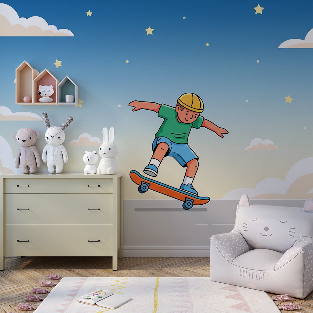 Kids-Mundo skateboarding boy mural brightening a playroom wall with twinkling stars