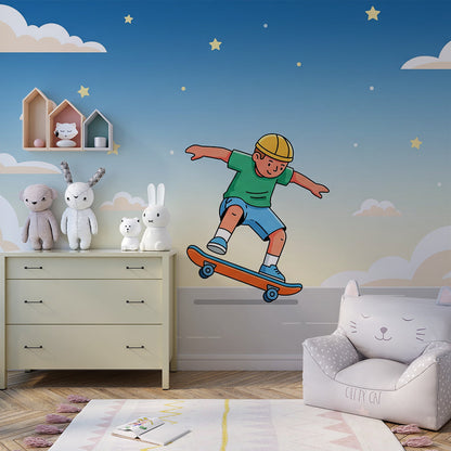 Kids-Mundo skateboarding boy mural brightening a playroom wall with twinkling stars