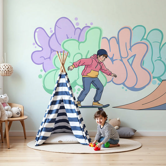 Kids-Mundo skateboard wall mural with pastel graffiti clouds in a nursery accent wall setting