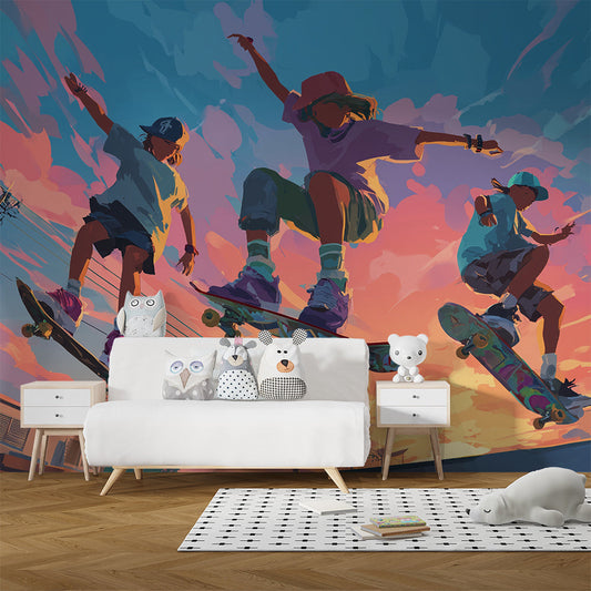 Kids-Mundo watercolour skateboard mural covering a playroom wall with skaters silhouetted against a sunset sky