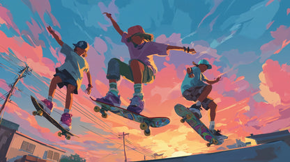 Flat artwork preview of the Kids-Mundo skateboard sunset wall mural showing three skaters against a watercolour sky