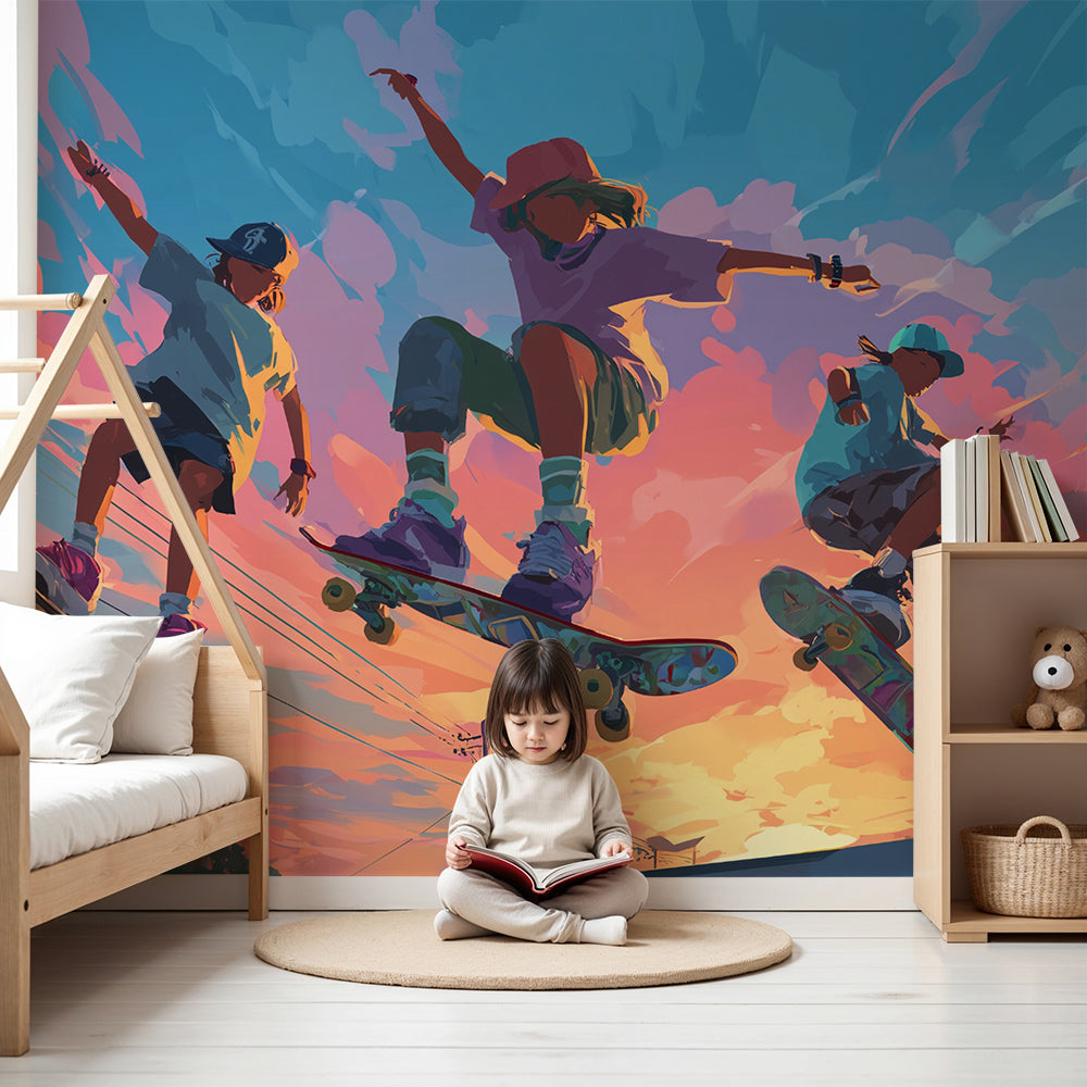 Kids-Mundo skateboard sunset wall mural made to measure on a feature wall in a bright kids bedroom