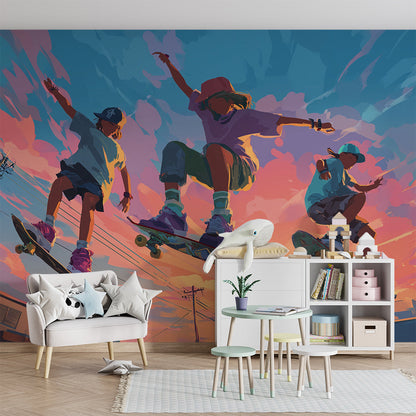Kids-Mundo skateboard sunset mural fitted behind a bed in a tween bedroom with warm pink and orange tones