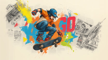 Kids-Mundo flat artwork of a skateboarder mid-trick with paint splashes and newsprint collage