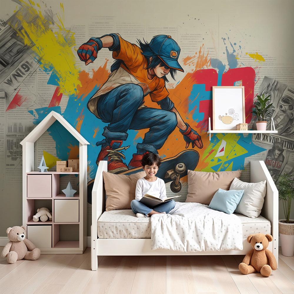 Kids-Mundo skateboard wall mural in a bright nursery with a cot and playful accessories