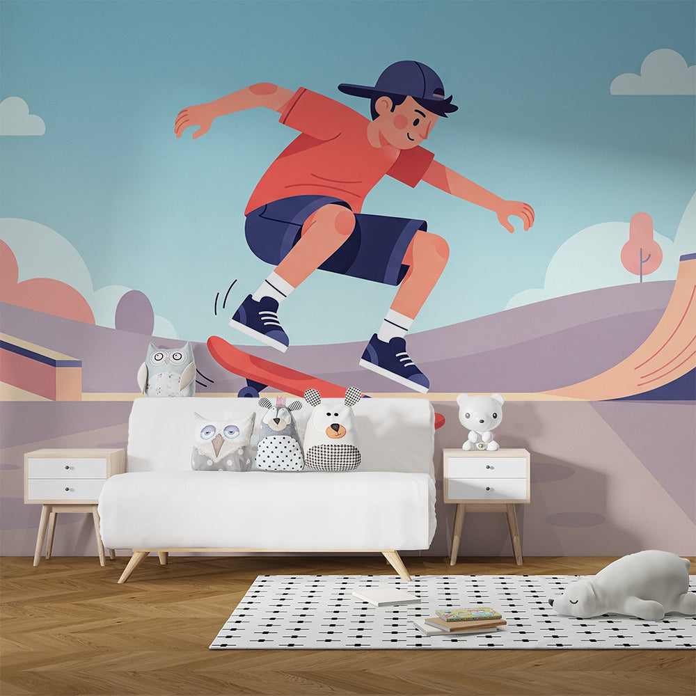 Kids-Mundo skatepark wall mural of a boy grinding a rail behind a bed in a child's bedroom