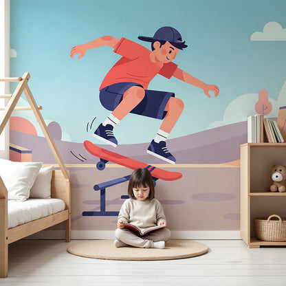 Skater boy grinding a rail Kids-Mundo wall mural on a nursery feature wall with soft daylight