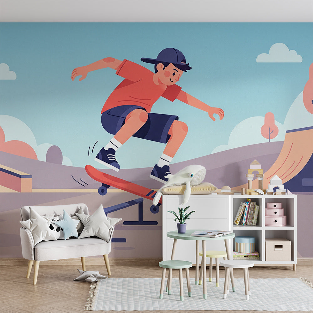 Colourful skatepark wall mural by Kids-Mundo covering a playroom wall beside toy storage
