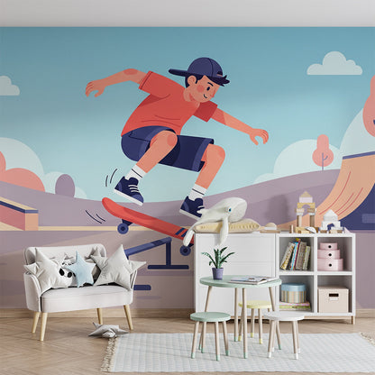 Colourful skatepark wall mural by Kids-Mundo covering a playroom wall beside toy storage