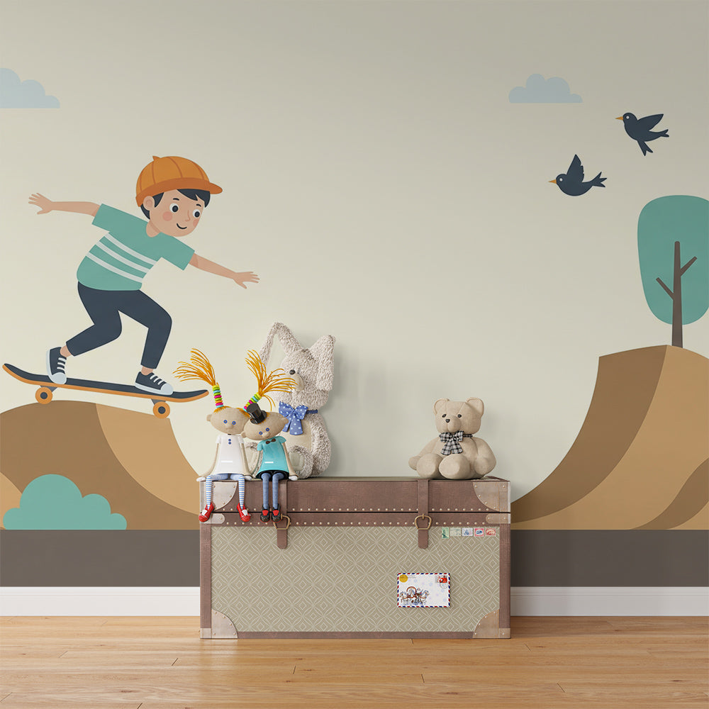 Kids-Mundo skateboard wall mural covering a feature wall in an active boys bedroom