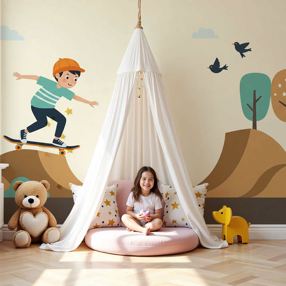 Kids-Mundo skater boy ramp wall mural styled behind a bed in a bright kids bedroom