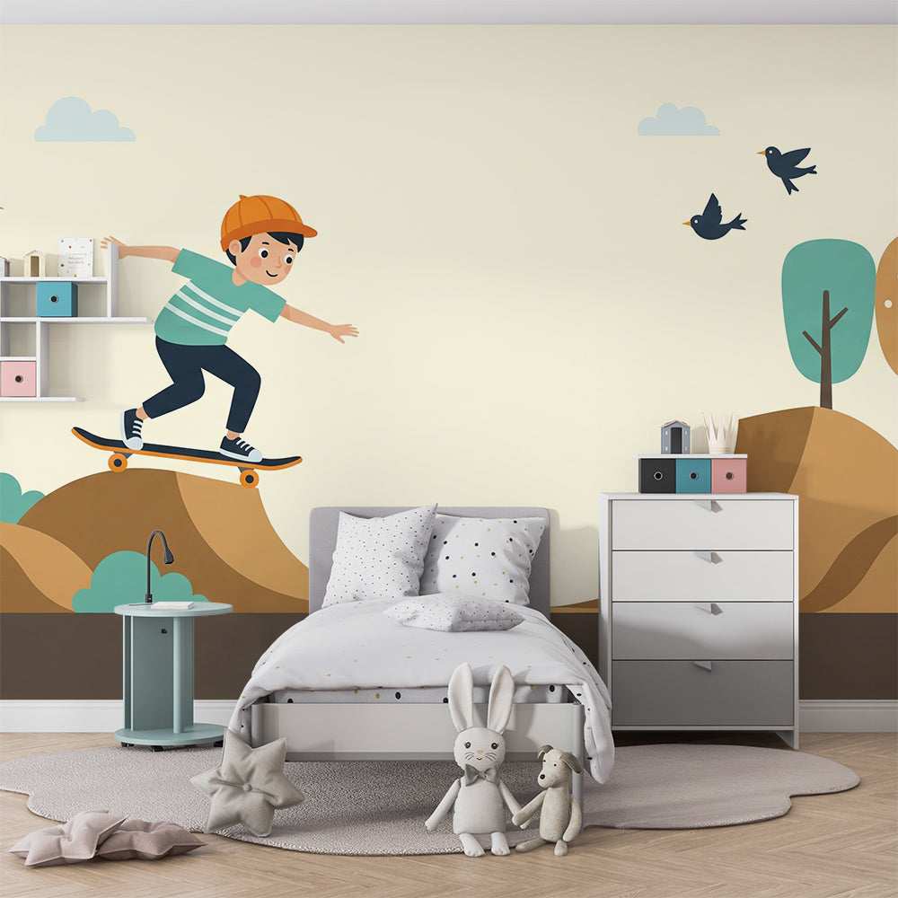 Kids-Mundo skater boy wall mural bringing energetic fun to a lively playroom wall