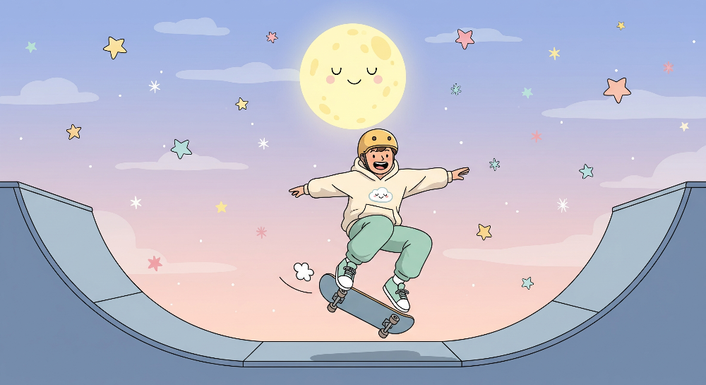 Skateboarder Trick Under a Smiling Moon and Stars Wall Mural