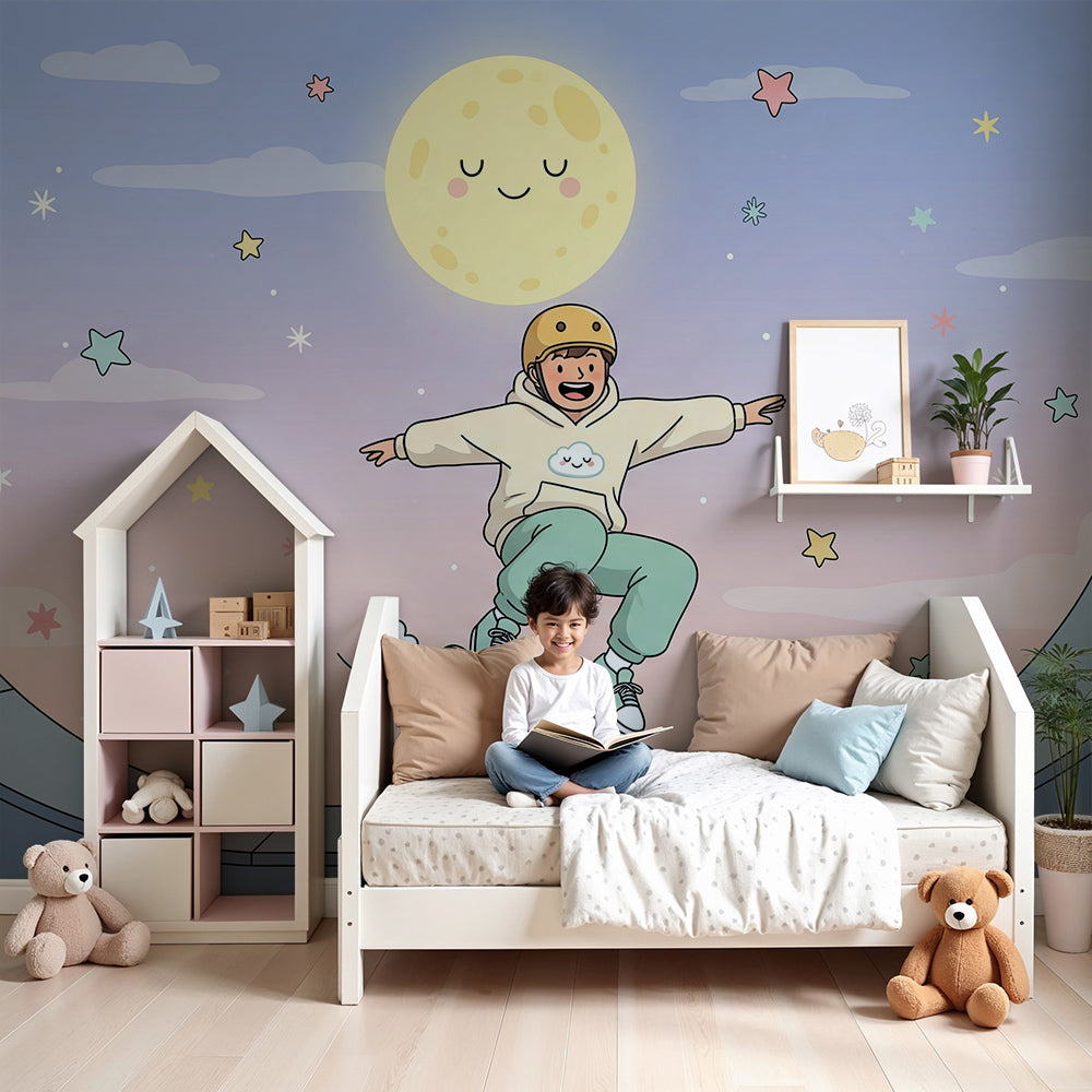 Kids-Mundo moonlit skateboarder wall mural on a nursery feature wall at dusk