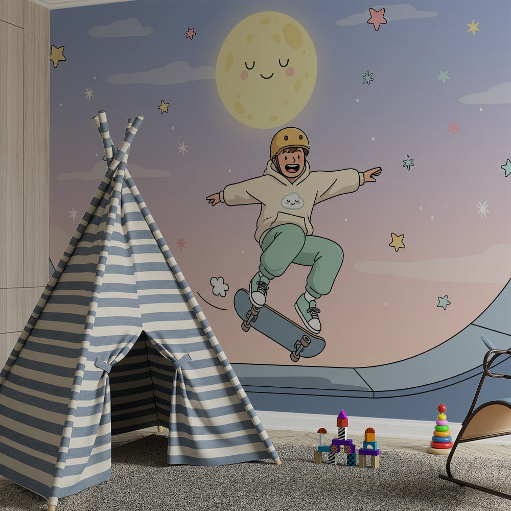 Smiling moon skatepark wall mural from Kids-Mundo covering a playroom wall