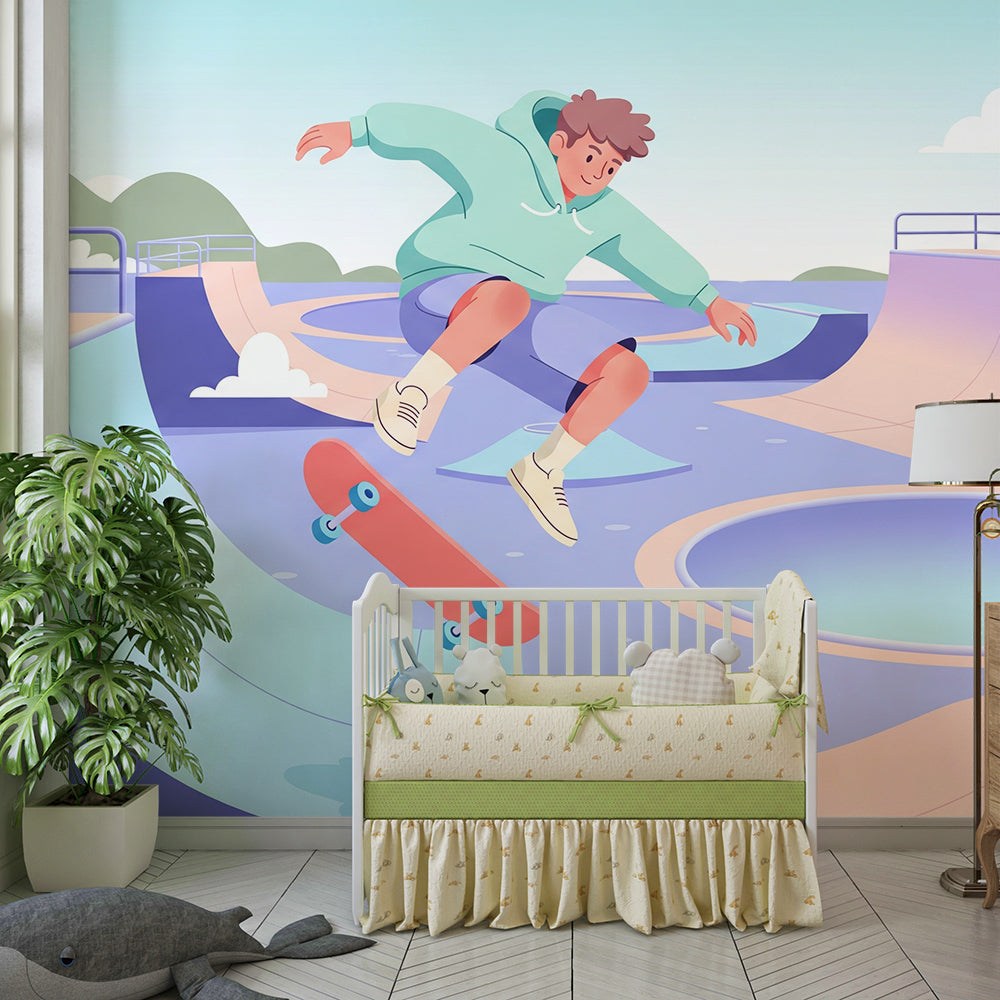 Skateboarder wall mural by Kids-Mundo behind a bed in a modern kids bedroom