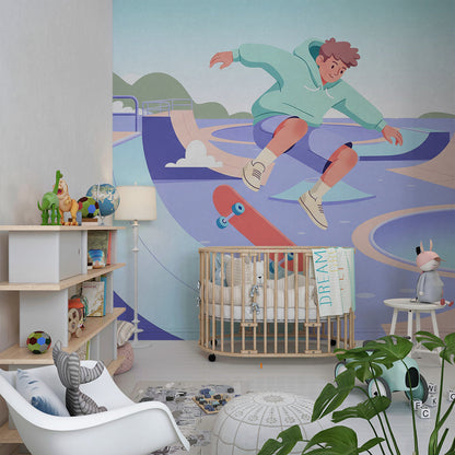 Purple skatepark wall mural from Kids-Mundo covering a playroom wall near a bean bag