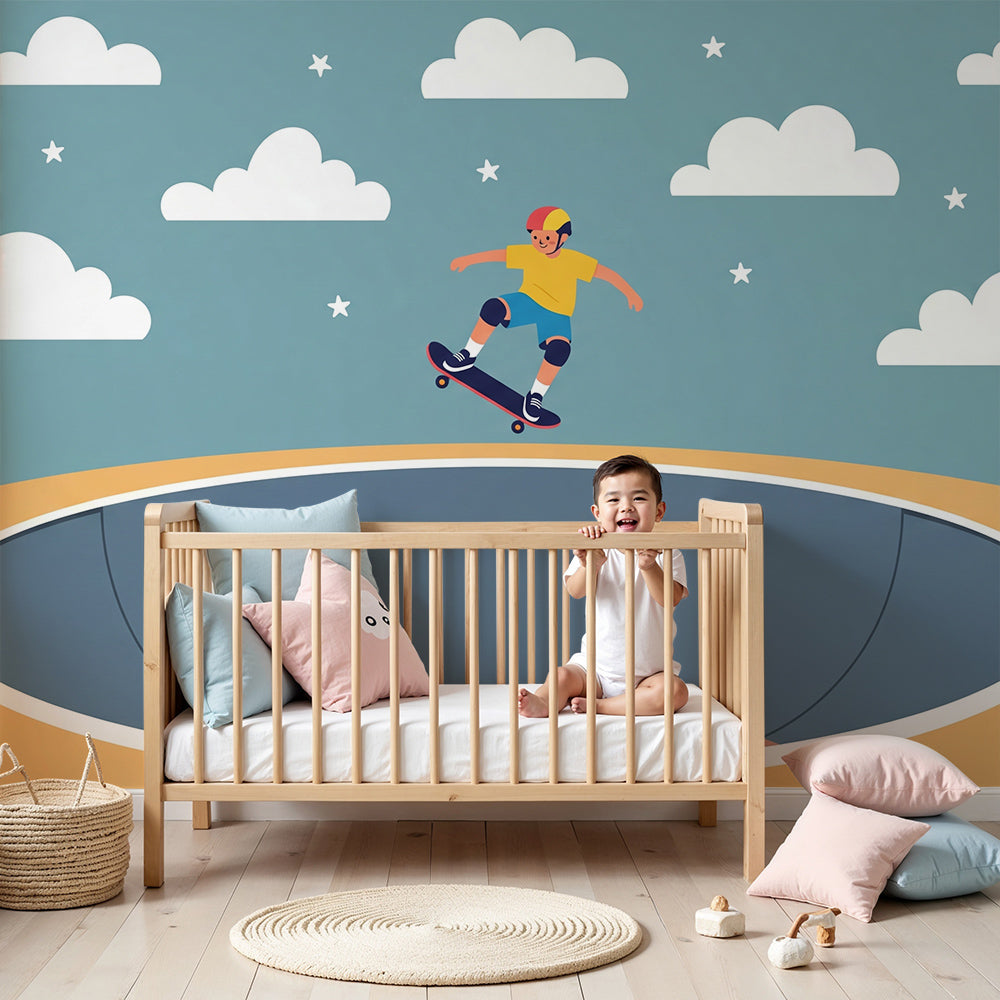 Kids-Mundo skateboarder starry sky wall mural on a nursery feature wall with soft light