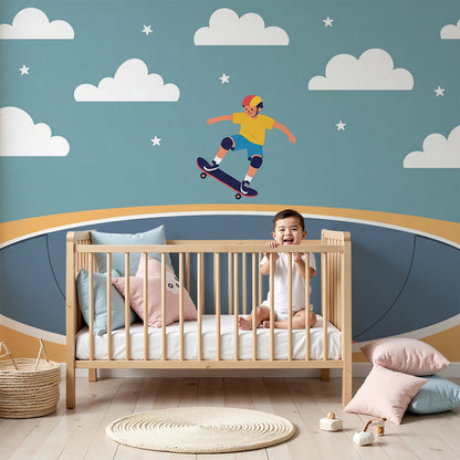 Kids-Mundo skateboarder starry sky wall mural on a nursery feature wall with soft light