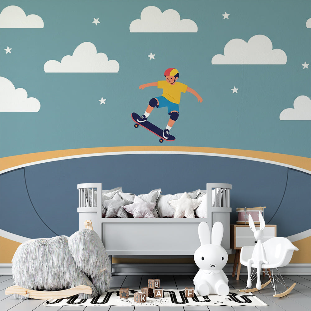 Starry skatepark wall mural from Kids-Mundo covering a playroom wall near a rug