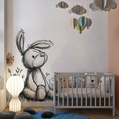 Kids-Mundo bunny wall mural behind a bed in a gentle, storybook-style kids bedroom