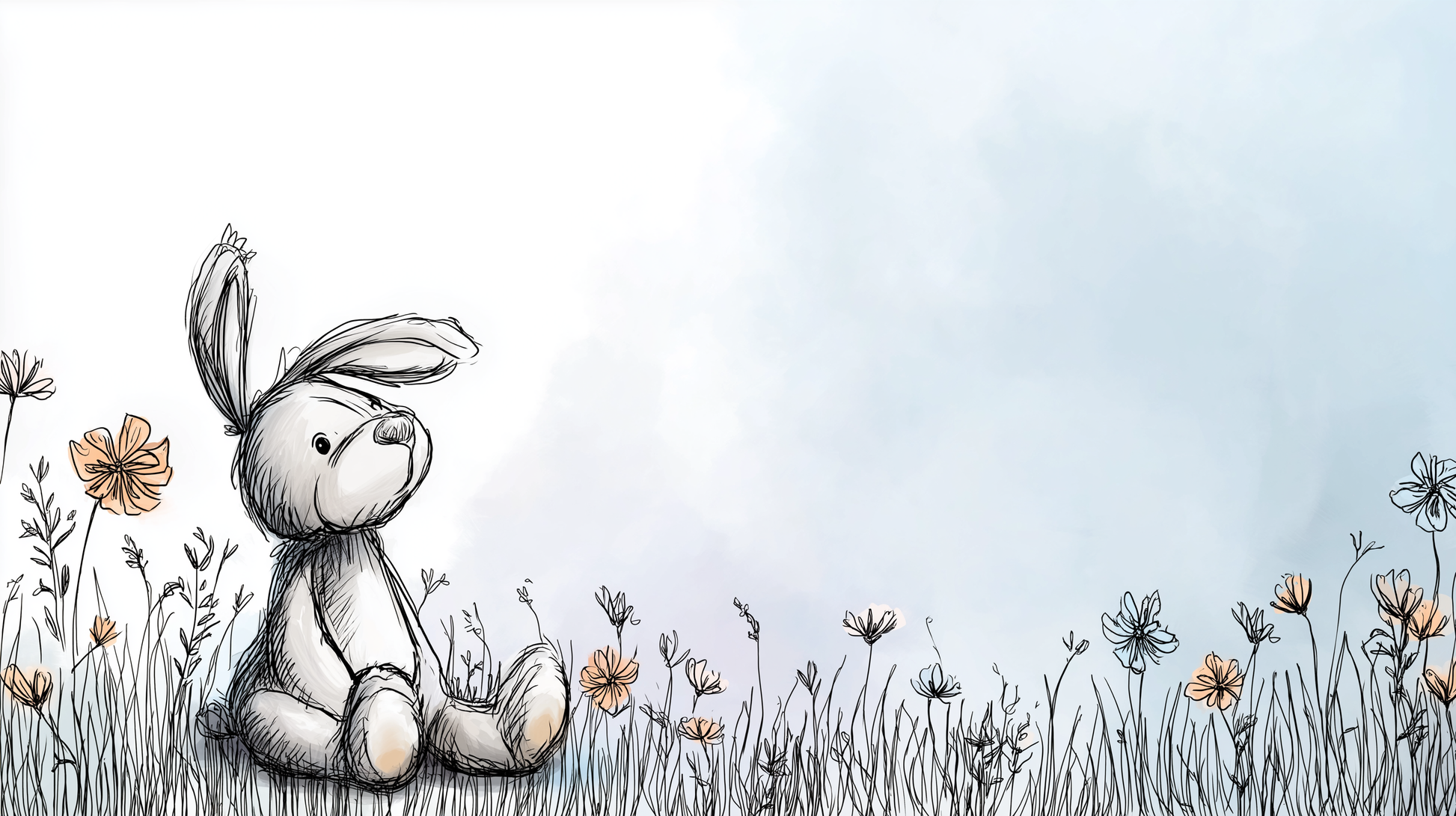 Flat artwork of the Kids-Mundo bunny wall mural showing a sketch-style rabbit in a meadow