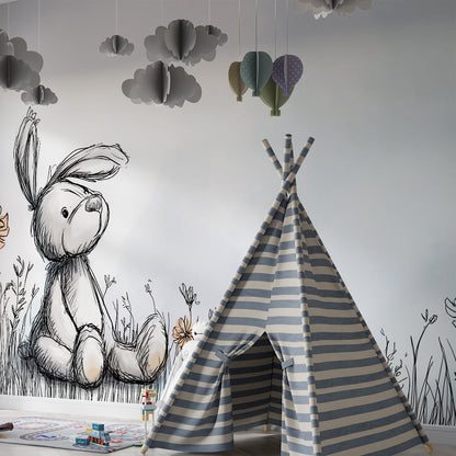 Kids-Mundo bunny wall mural on a wall in a cosy children's playroom reading corner