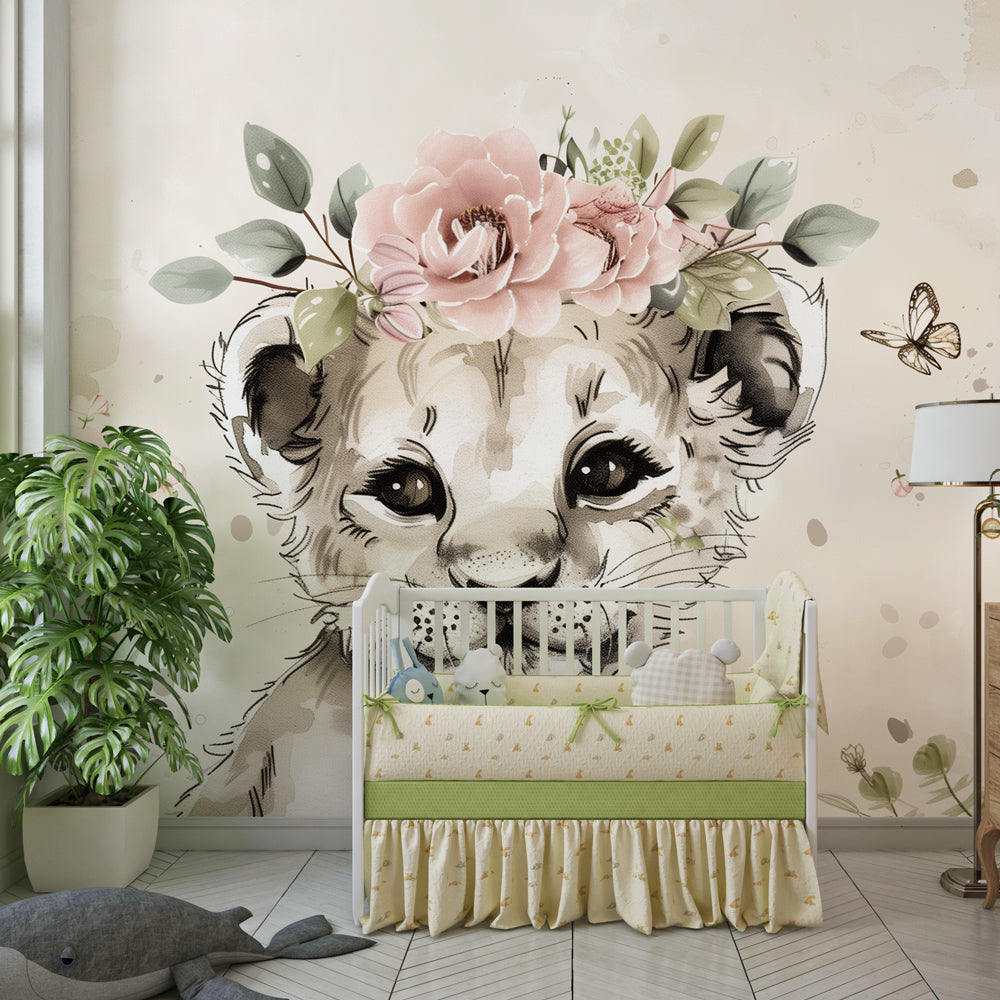 Kids-Mundo hand-drawn lion cub mural covering a feature wall in a kids bedroom