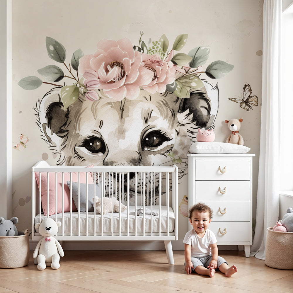 Kids-Mundo sketch lion cub wall mural with butterflies made to measure in a nursery