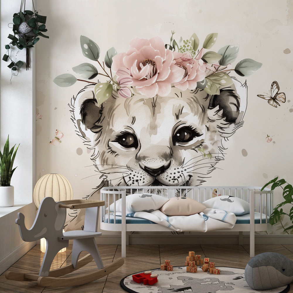 Kids-Mundo lion cub sketch mural styled above a reading nook in a playroom