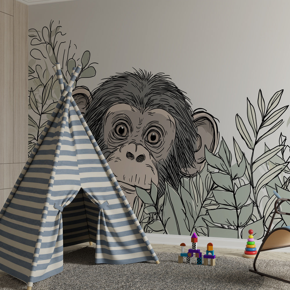 Kids-Mundo line-drawn monkey wall mural featured behind a bed in a child's bedroom