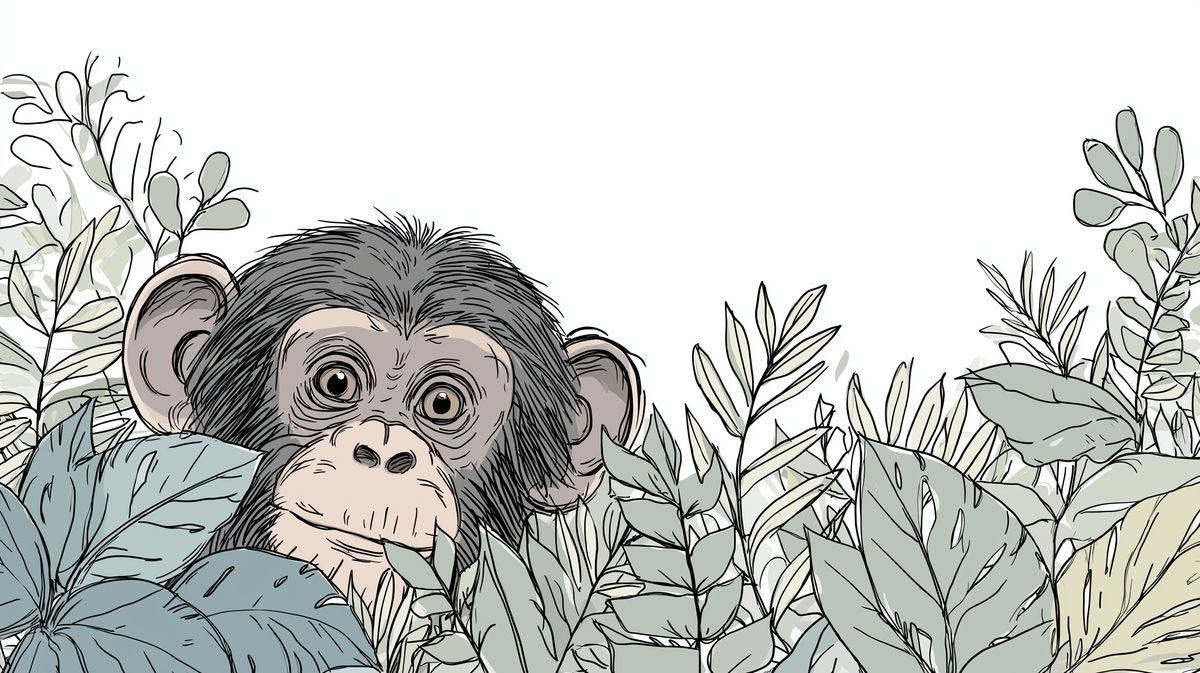 Sketch-Style Monkey Peeking Through Leaves Wall Mural