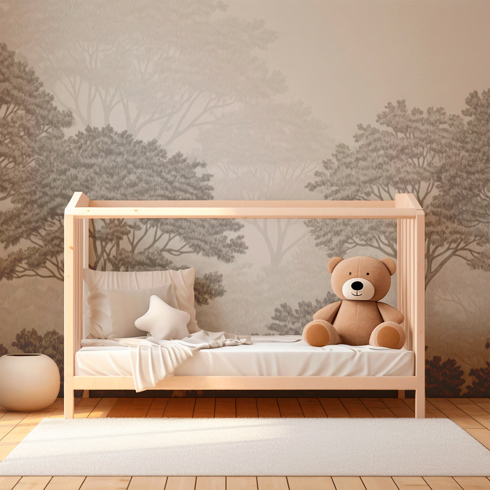 Kids-Mundo grey forest wall mural covering a feature wall in a children's bedroom with soft bedding