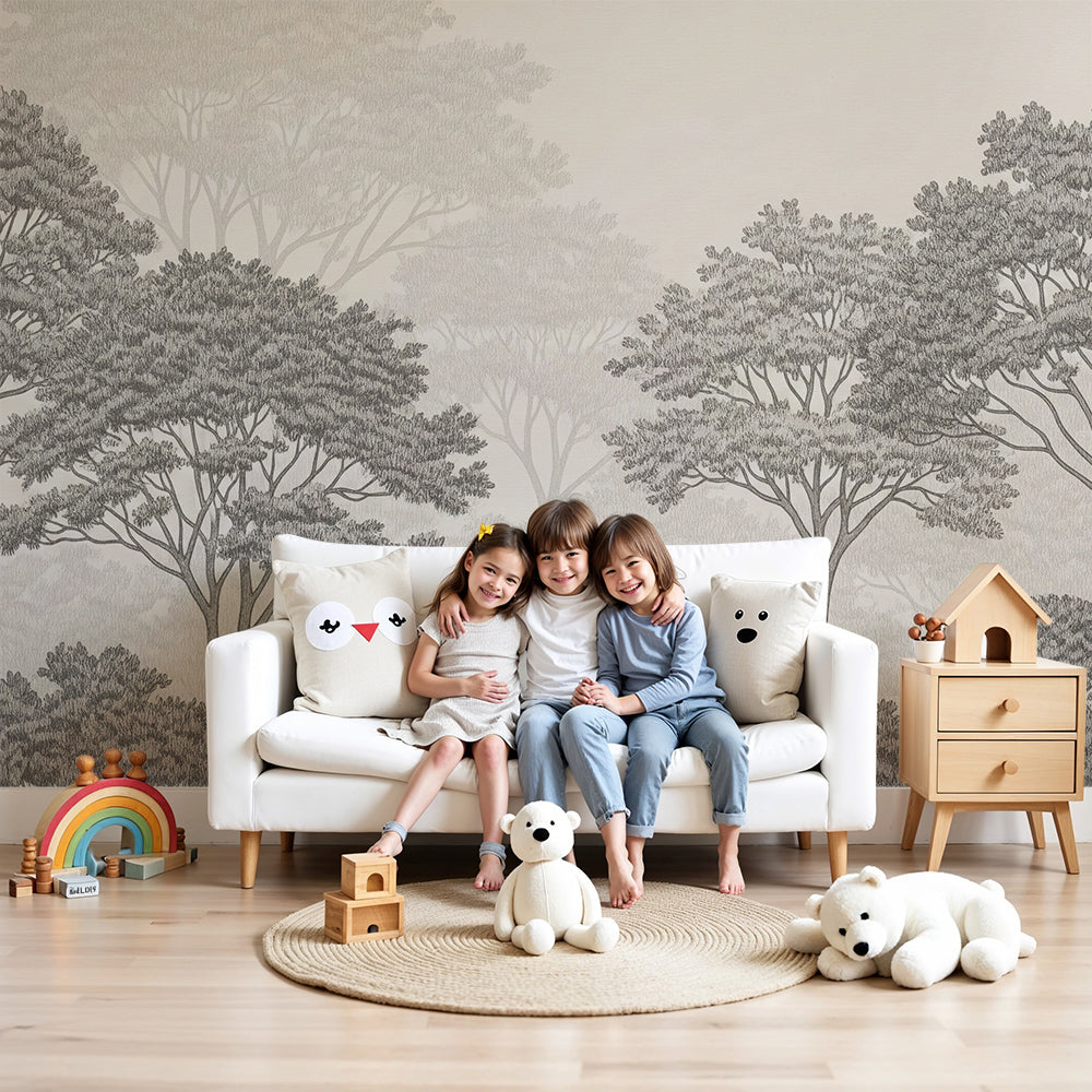 Kids-Mundo hand-sketched grey forest wall mural behind a cot in a calm, softly lit nursery