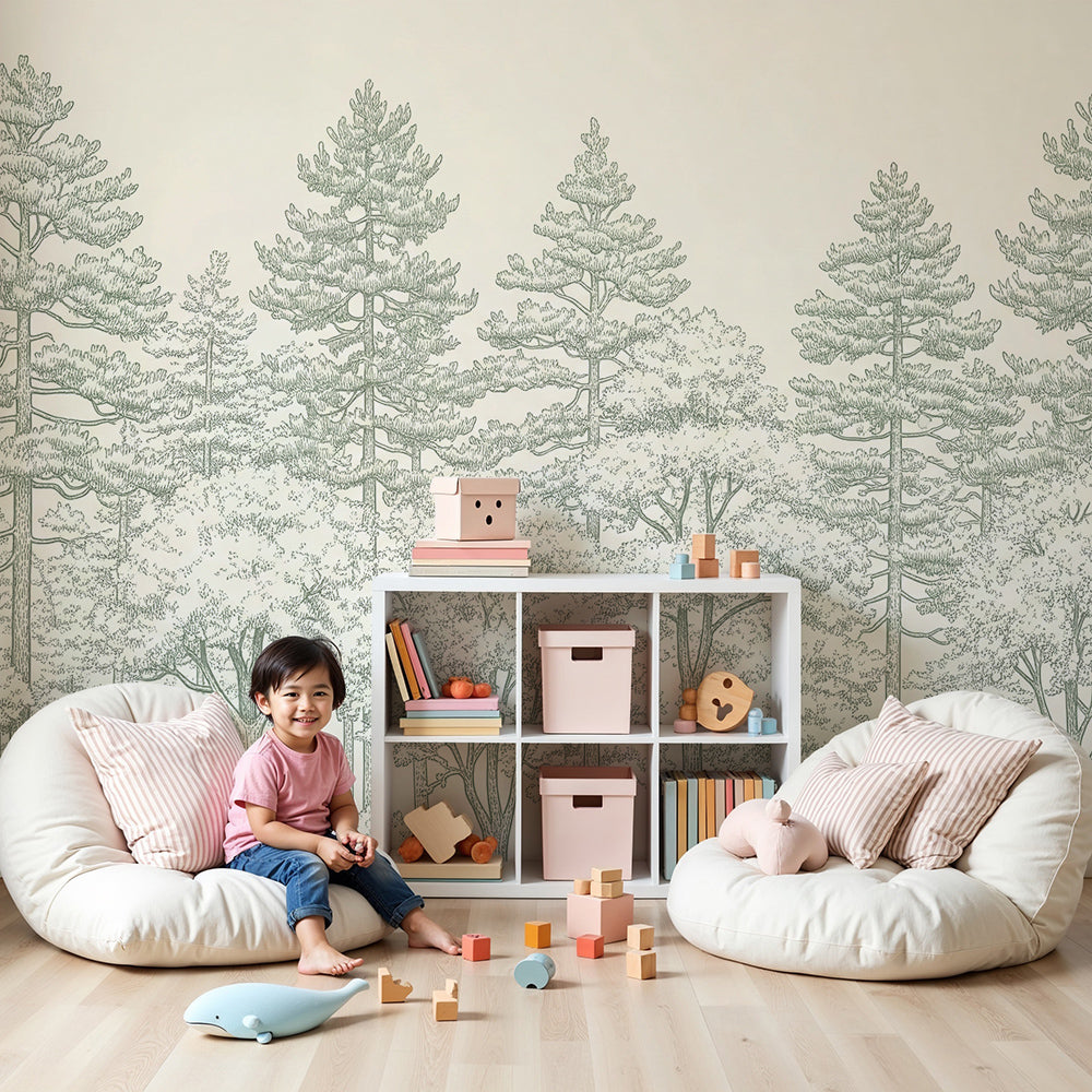 Kids-Mundo sketched pine forest wall mural styled above a cot in a calm nursery