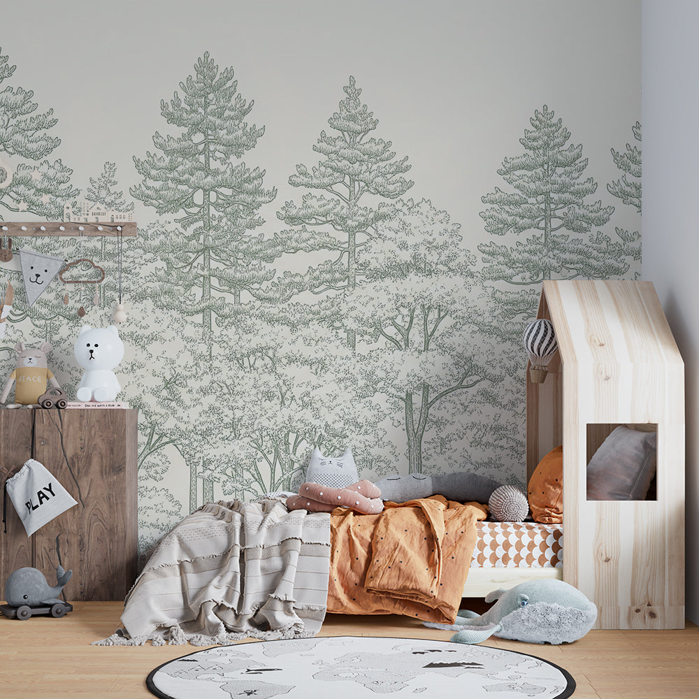 Kids-Mundo line-art pine forest wall mural set behind bookshelves in a playroom