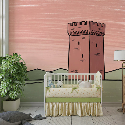 Kids-Mundo sketchy tower mural on a feature wall in an understated child's bedroom.