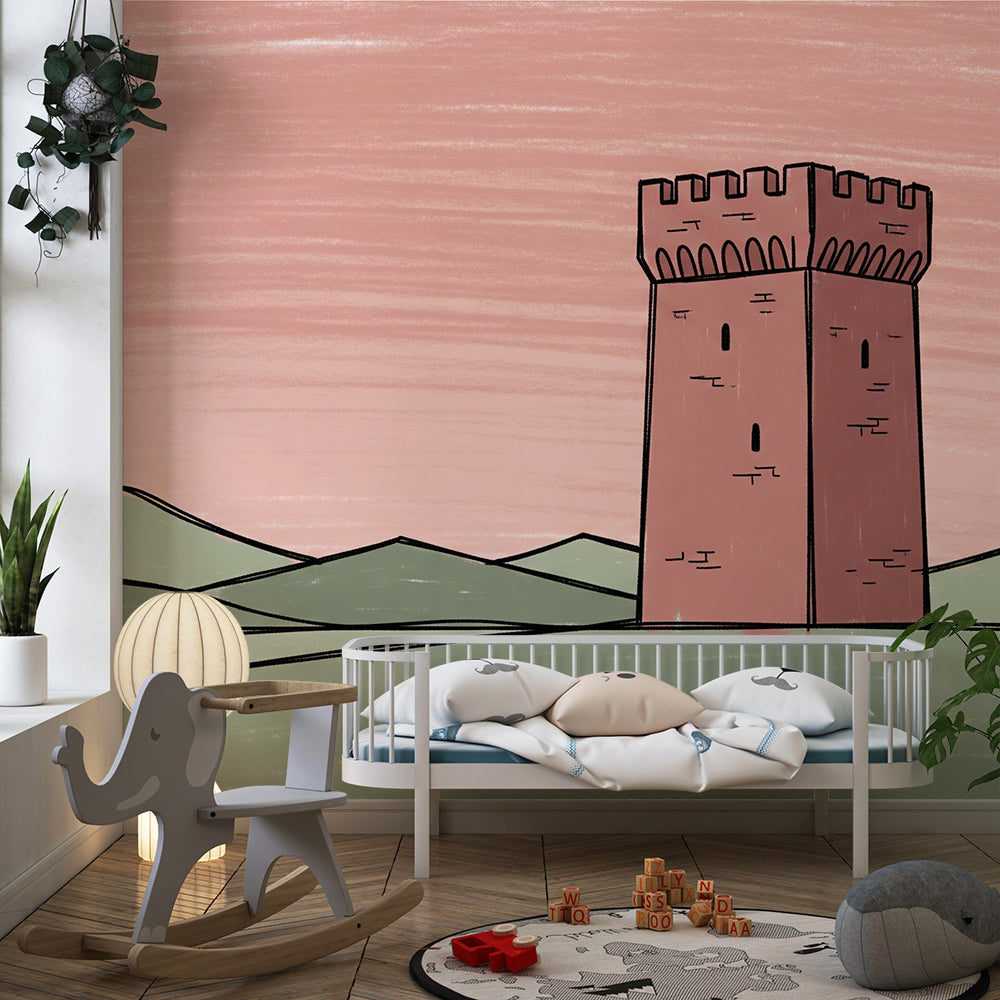 Kids-Mundo sketchy medieval tower wall mural adding a calm accent to a playroom.