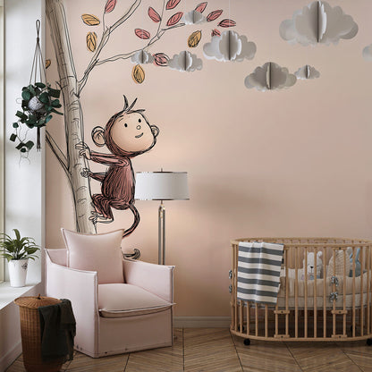 Kids-Mundo hand-sketched monkey and tree mural brightening a playful children's playroom wall.