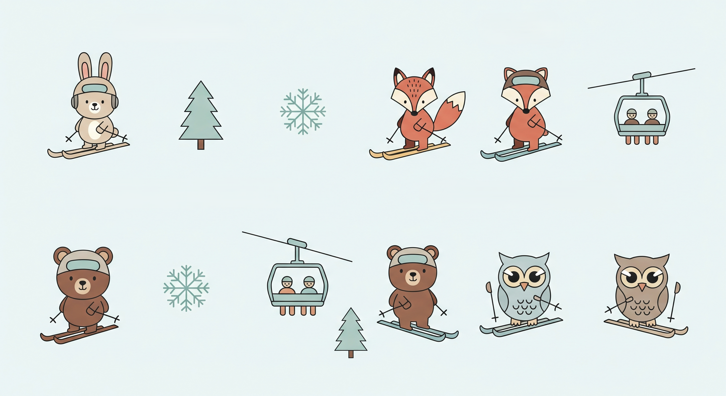 Kids-Mundo flat artwork of skiing rabbit, foxes, bear and owls on the slopes