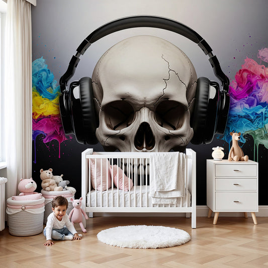 Kids-Mundo skull and headphones wall mural as a bold feature in a kids bedroom